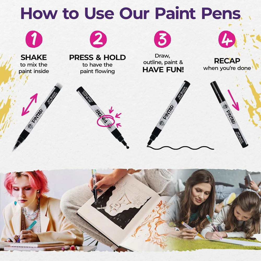 Pintar Acrylic Paint Marker Collection - Black, 12-Pack with Varied Tips