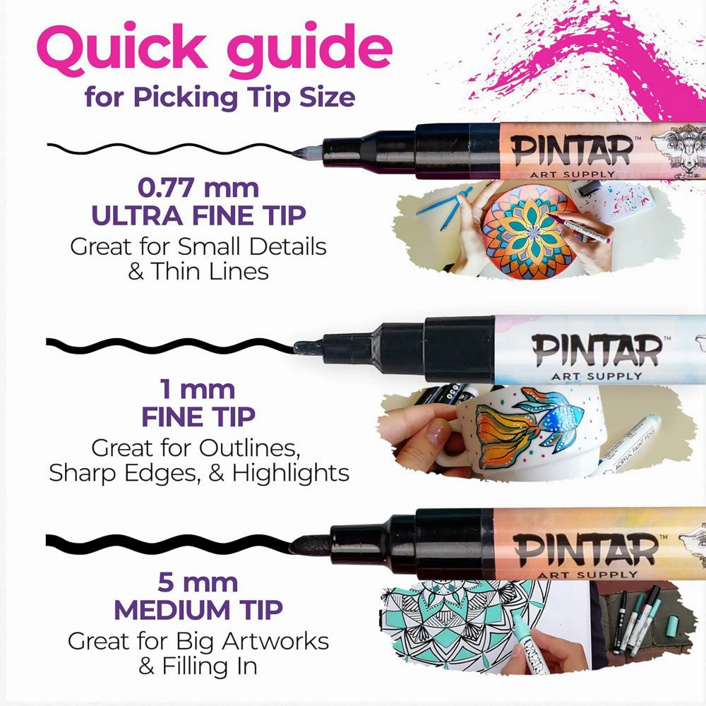 Pintar Vibrant Acrylic Paint Markers - Fine Tip 1mm, 16-Pack Featuring Bright Opaque Colors