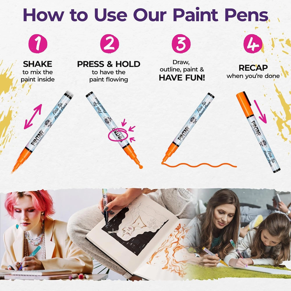 Pintar Vibrant Acrylic Paint Markers - Fine Tip 1mm, 16-Pack Featuring Bright Opaque Colors