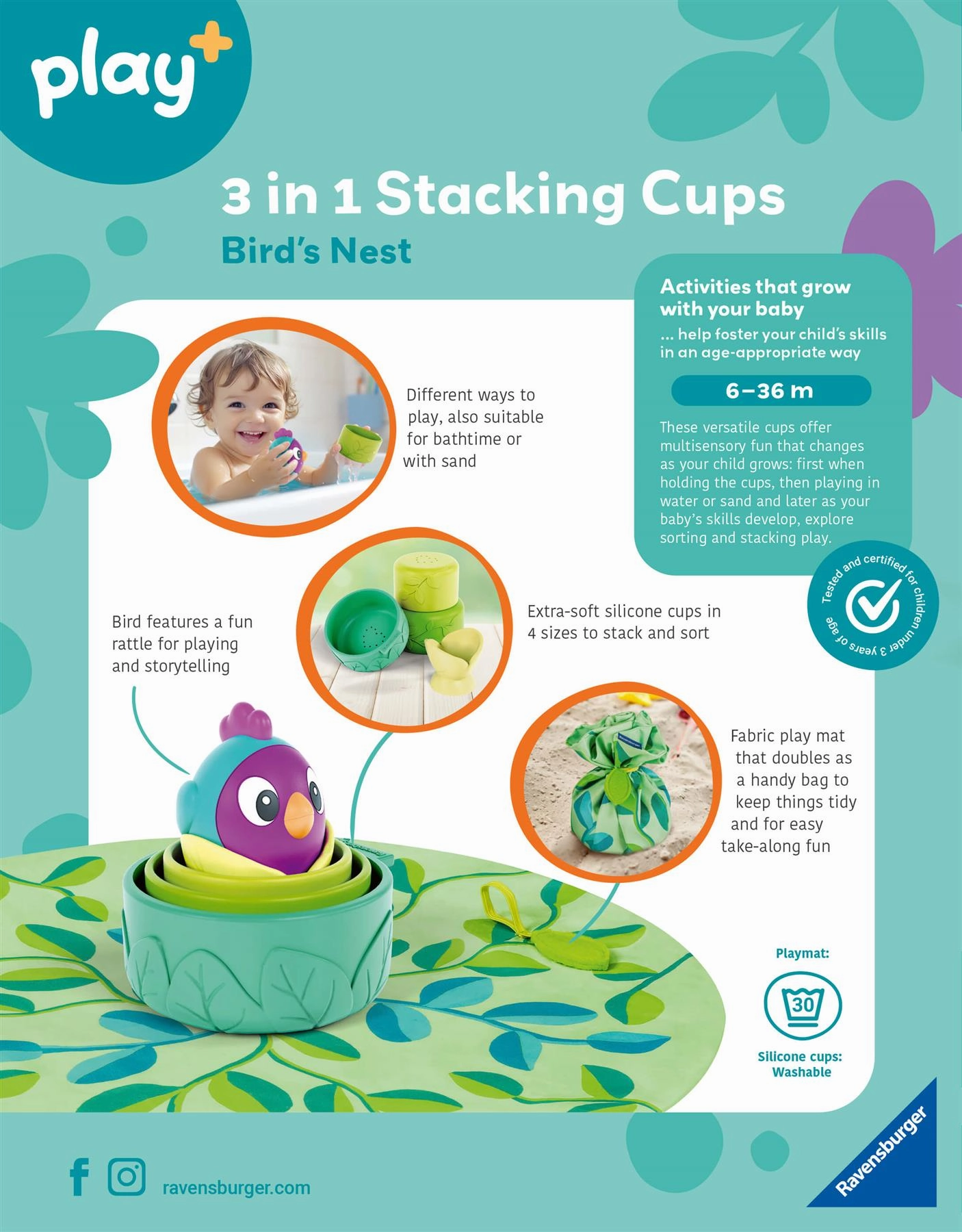 Play  Bird's Nest 3in1 Silcone Stacking Cups with Play Mat for Babies
