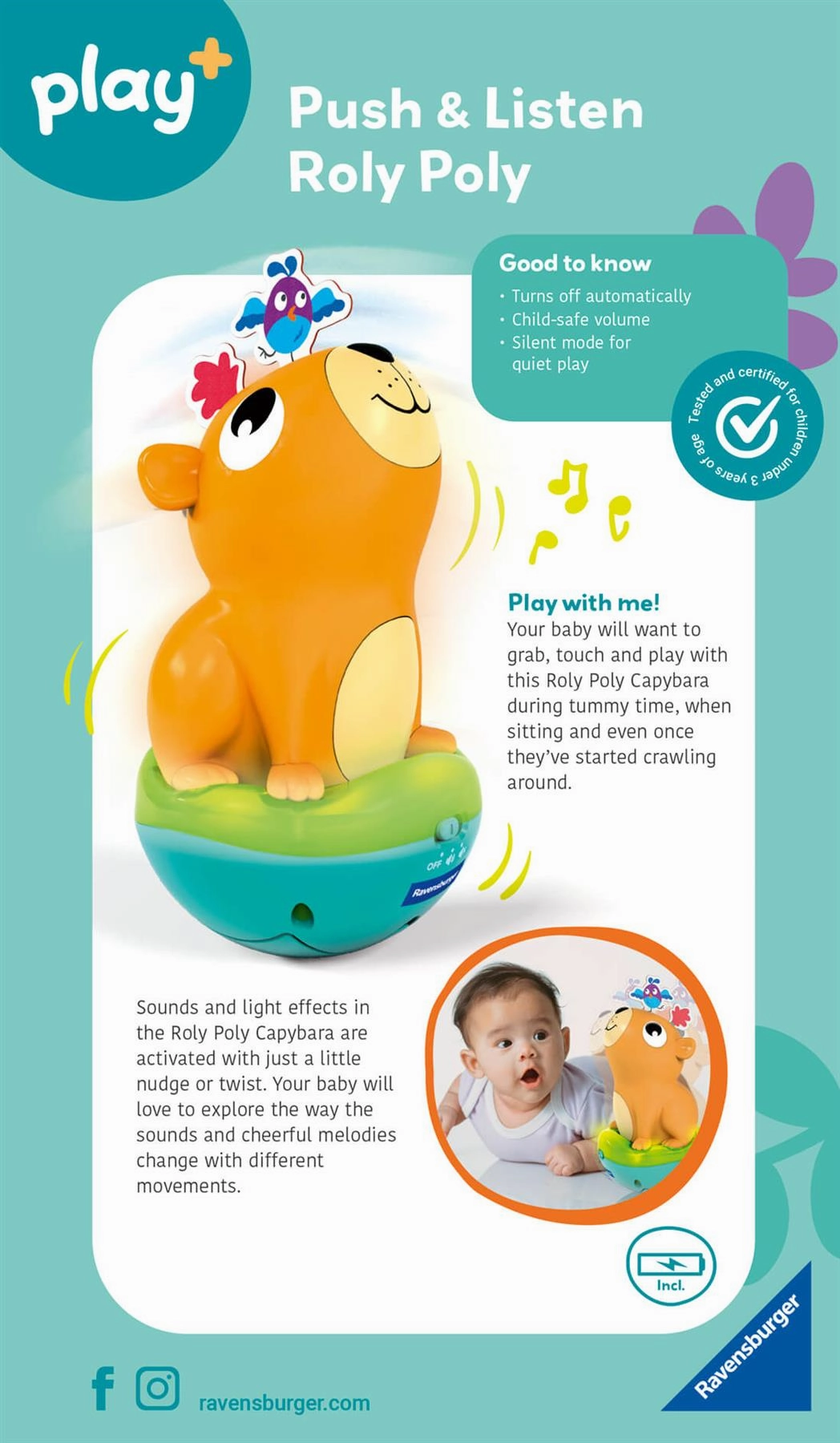 Play  Push & Listen Roly Poly Capybara with Light & Sound for Ages 6M 