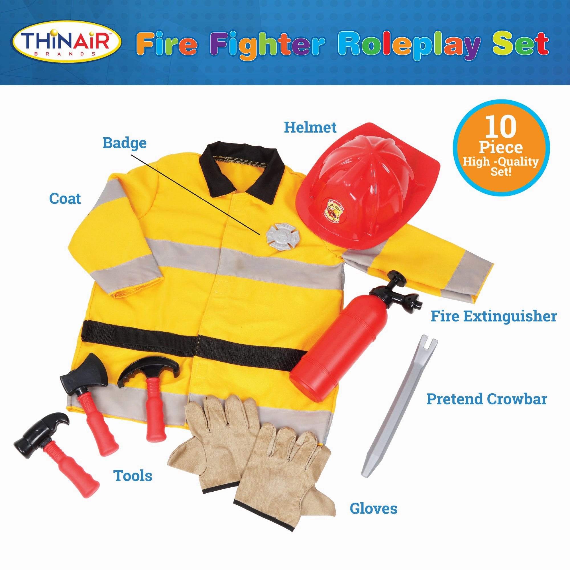 Playful Minds 10pc Firefighter Roleplay Set - Yellow & Red Costume for Ages 3 