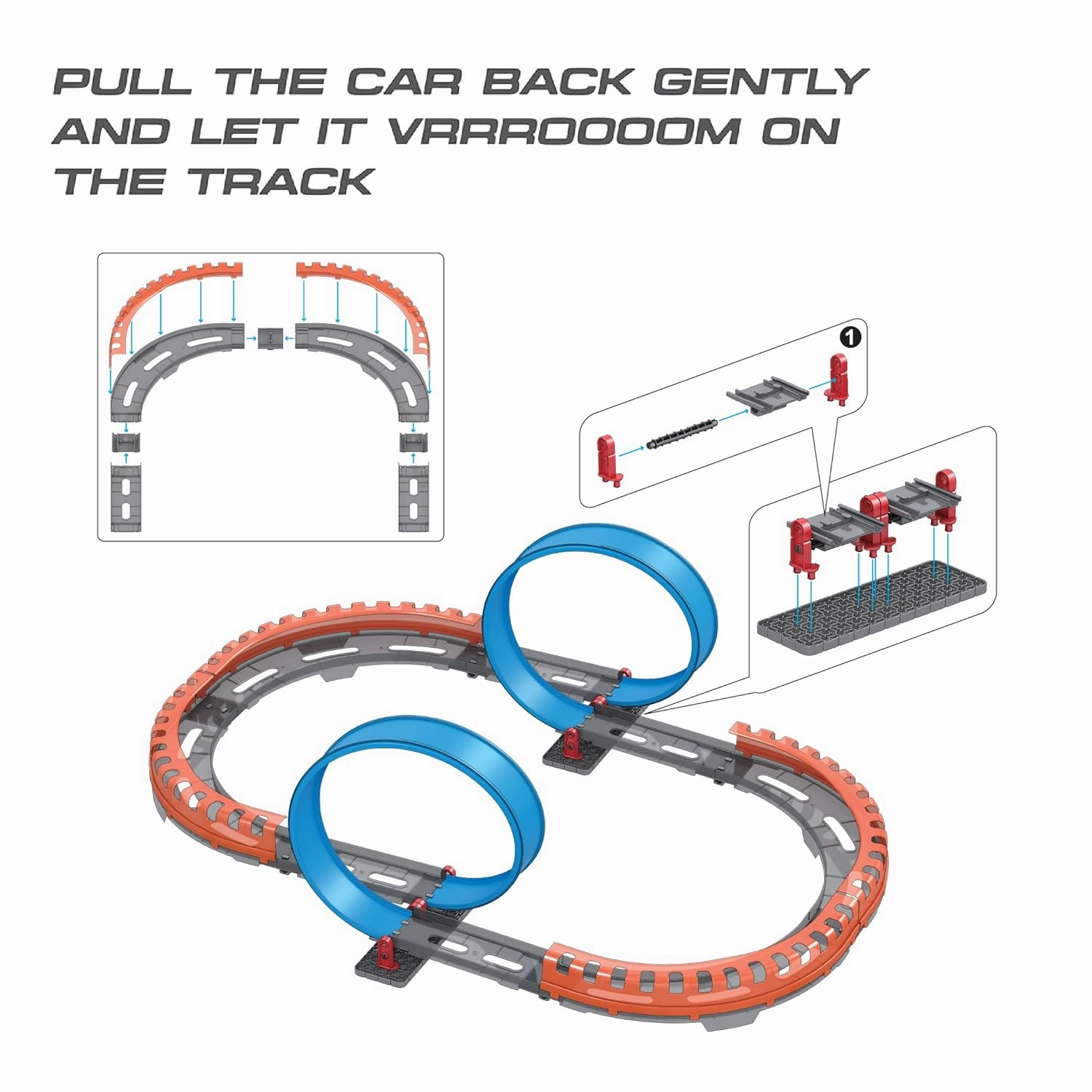 Playzu High Speed Pull Back -2A 41 pcs Double 360 Degree Loops Racing Track Game with Building Block Sets and One Strong 1:64 Scaled Pull Back Car for Ages 6 