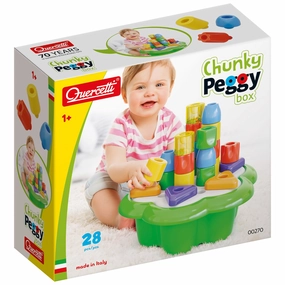 Quercetti Chunky Peggy - Colorful 28pc Shape Sorting Set with Rattles for Toddlers