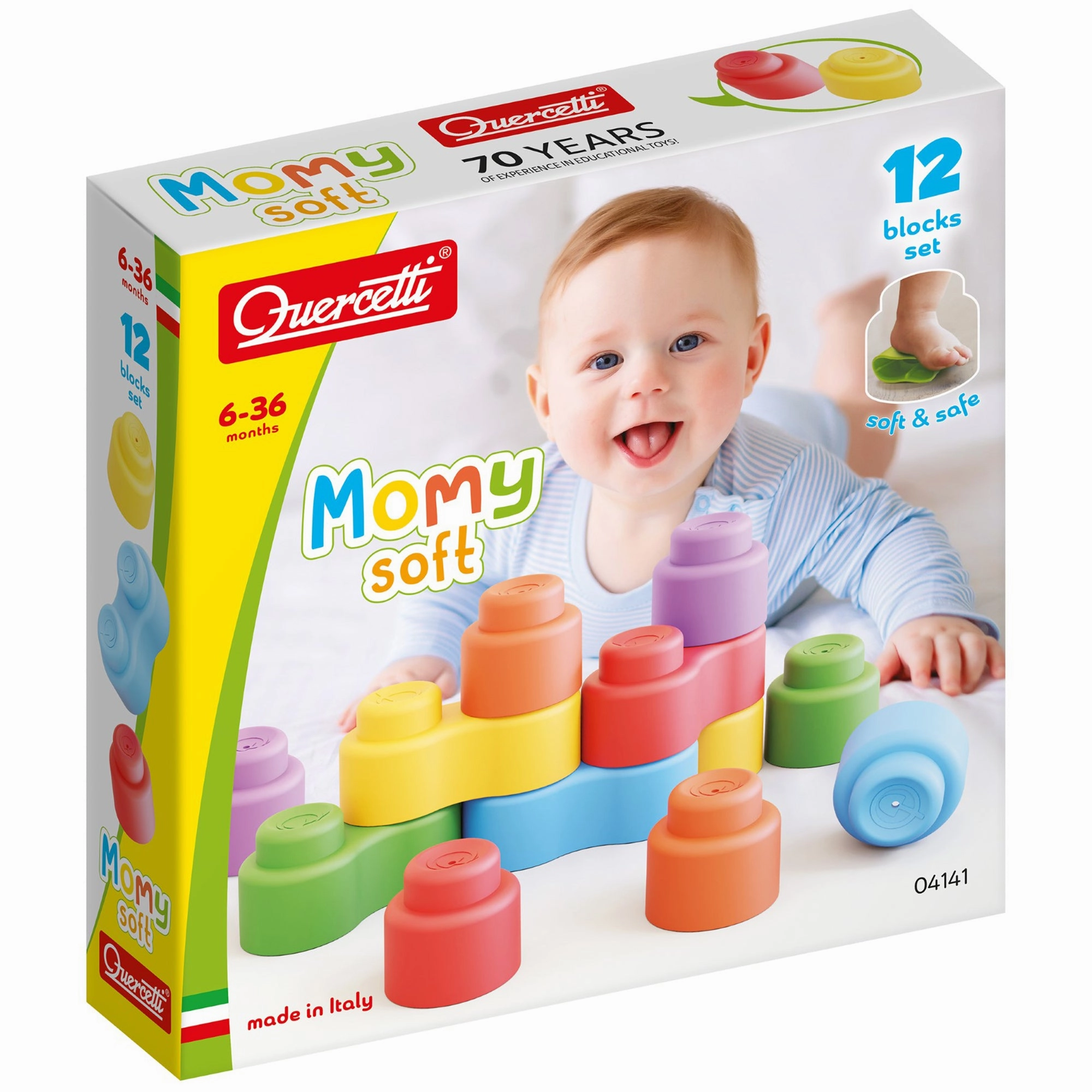 Quercetti Momy Soft - 12 Piece Colorful Blocks Set for Babies
