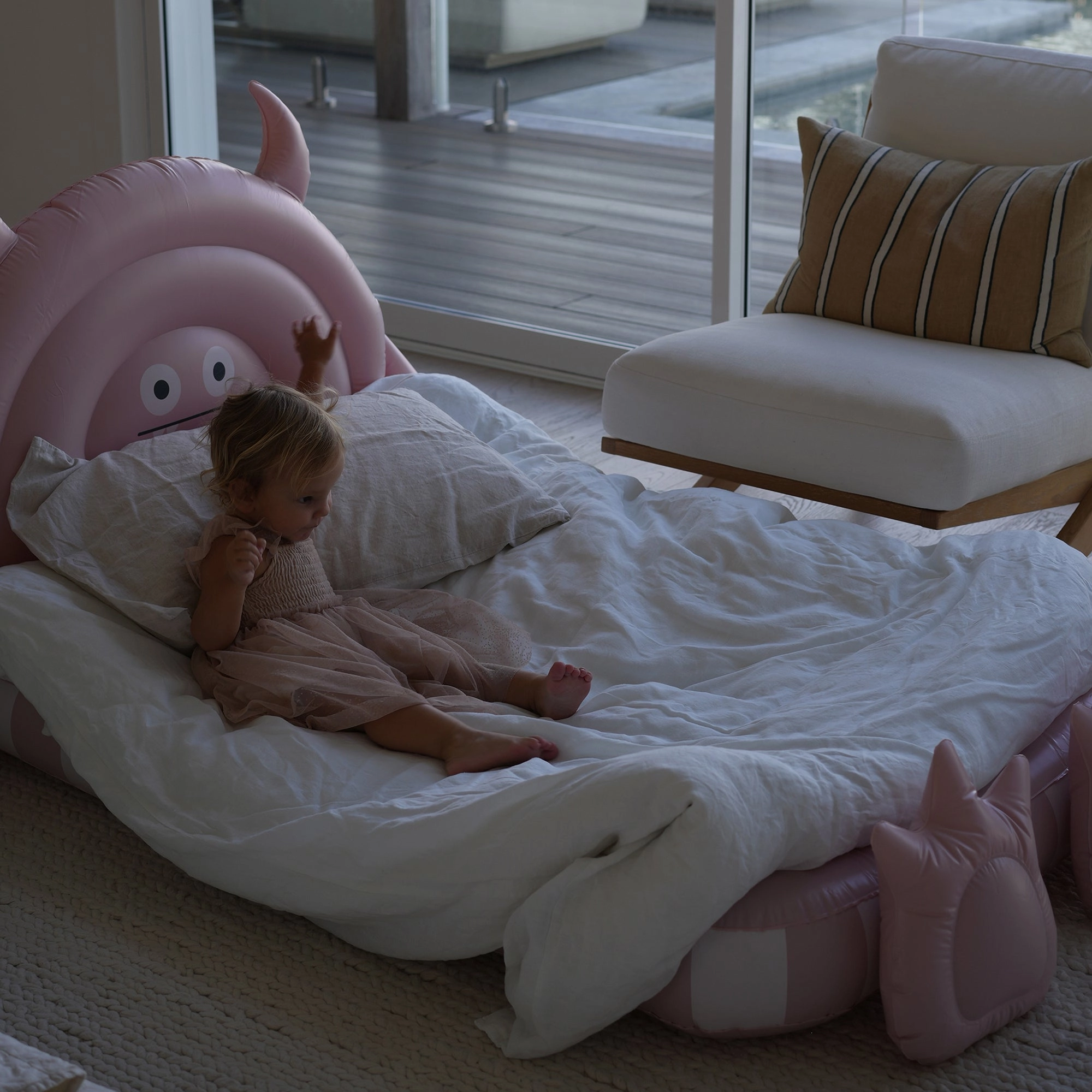 Sunnylife Monster Pink Kids Inflatable Sleepover Bed with Character Headboard