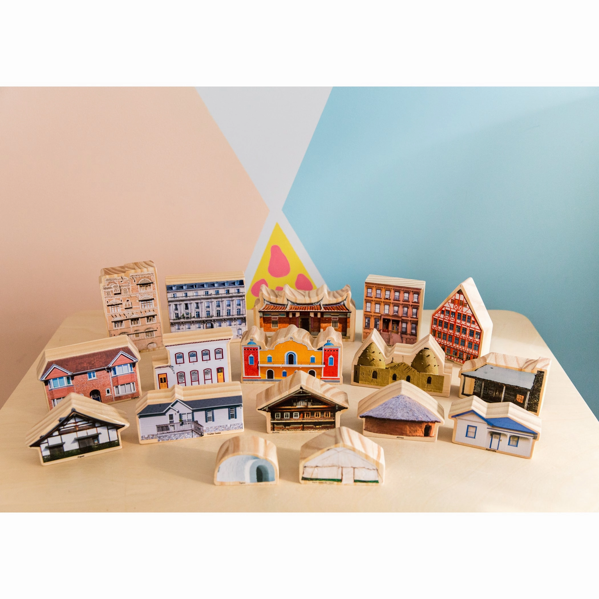 The Freckled Frog Global Homes Adventure Wooden Blocks - Set of 17 - Ages 1 