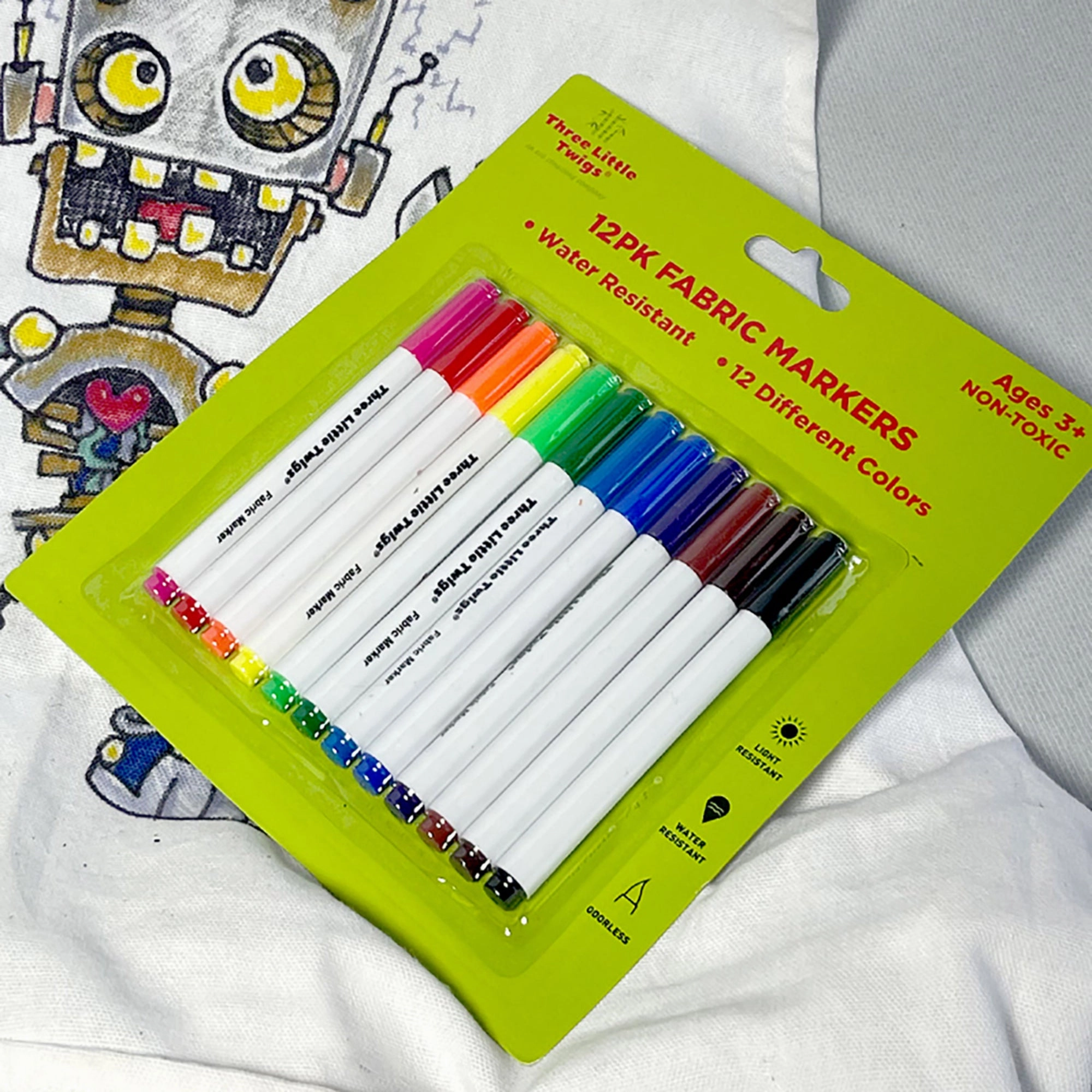 Three Little Twigs DIY Coloring Set: 12 Fabric Markers & Canvas Apron