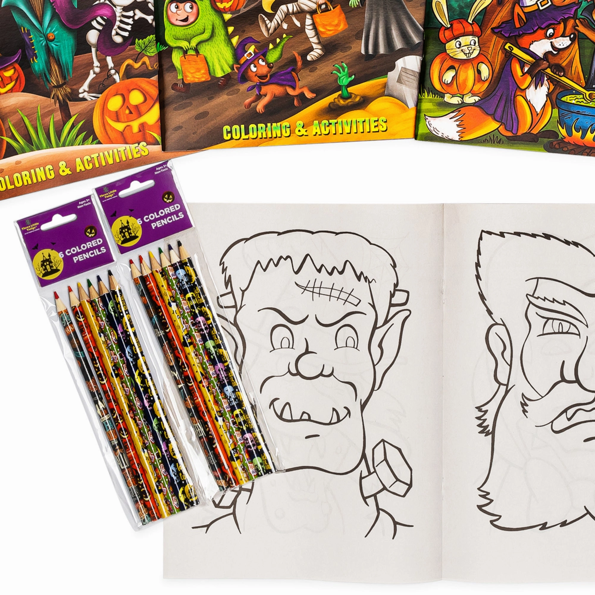 Three Little Twigs: Halloween 8pc Coloring Book & Pencil Bundle, Ages 3 