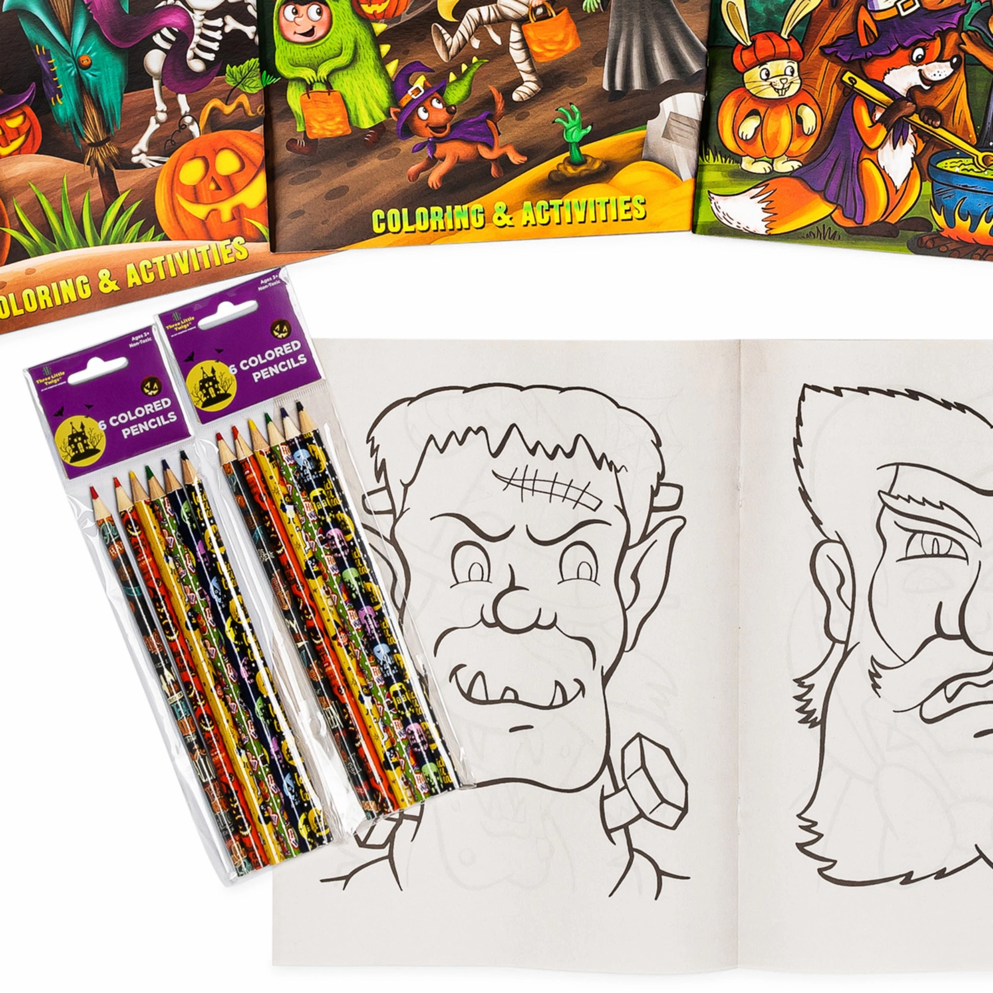 Three Little Twigs: Halloween 8pc Coloring Book & Pencil Bundle, Ages 3 